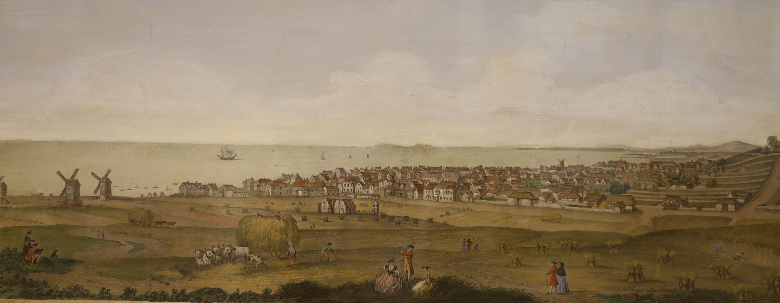 After James Lambert (1725-1788), coloured lithograph, A Perspective View of Brighthelmston, and of the Sea Coast as far as the Isle of